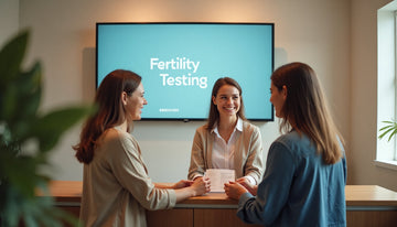 Reception at fertility clinic with couple and information desk