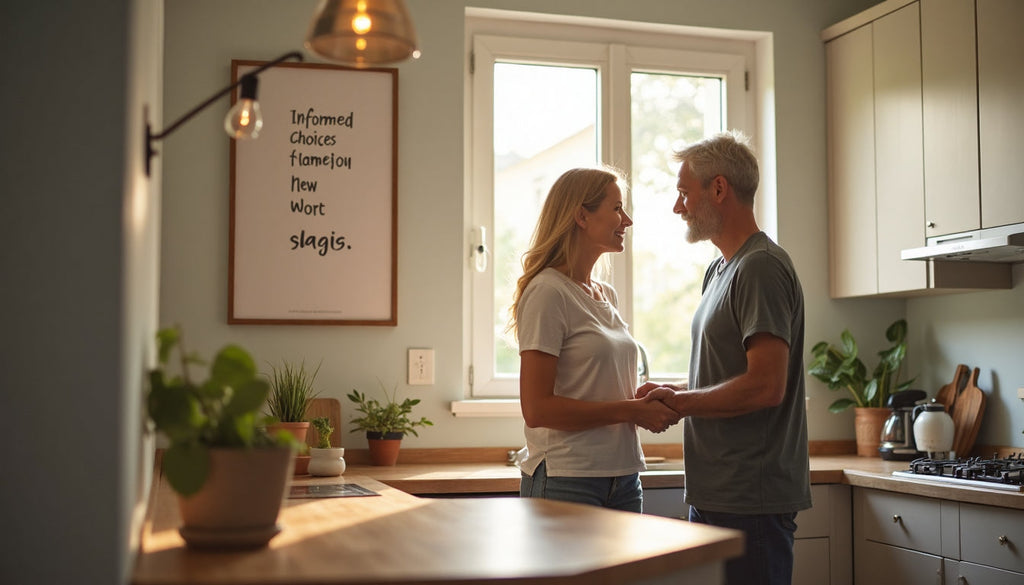 Middle-aged couple discusses family planning in sunlit kitchen with 'Informed Choices' poster.