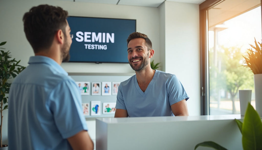 Man discussing semen testing with clinic receptionist in daylight