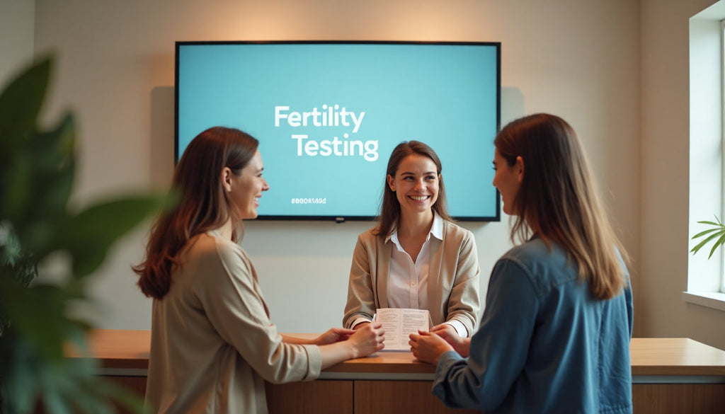 Reception at fertility clinic with couple and information desk