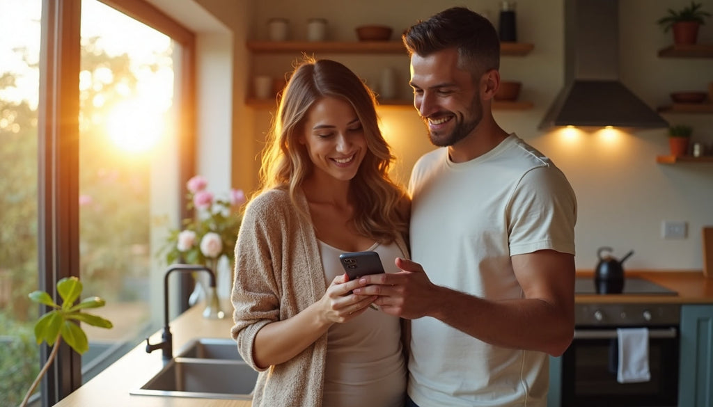 Couple in sunny kitchen reviewing home fertility result
