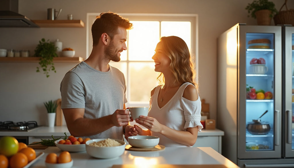 Happy couple preparing breakfast, healthy sperm text on fridge display