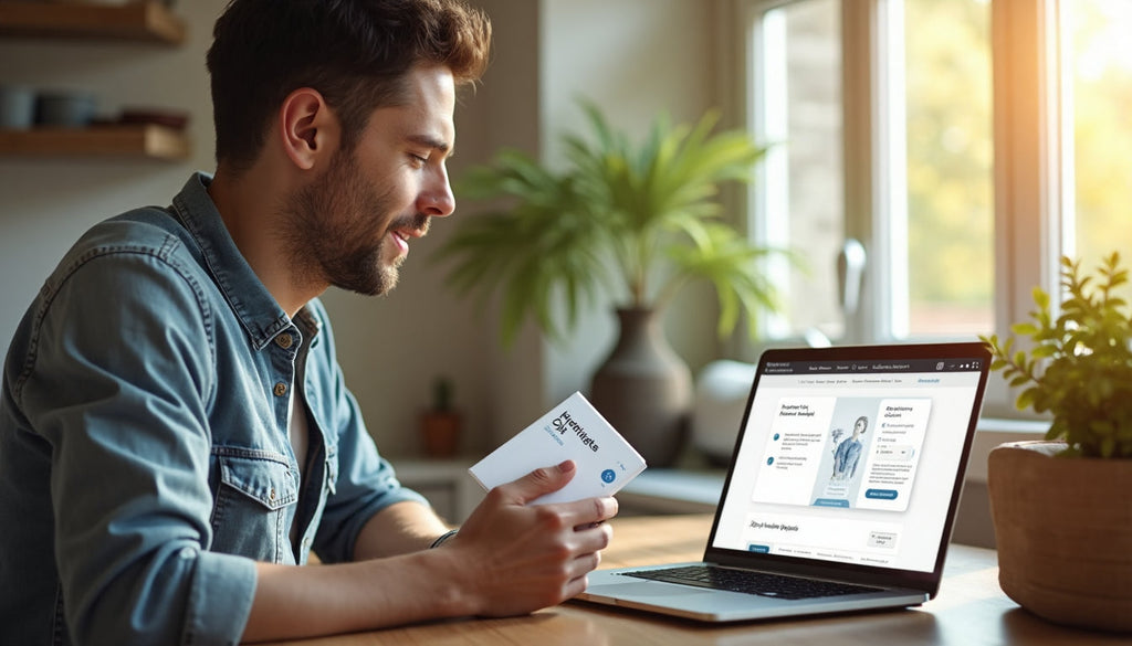 Man with fertility test kit reviewing results at kitchen counter