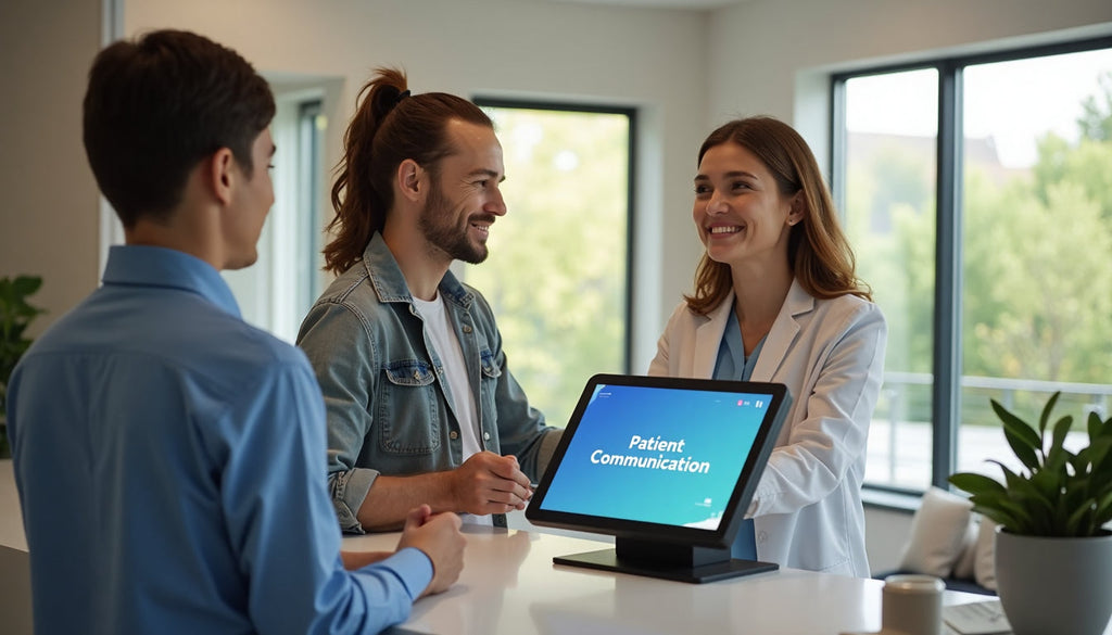 Couple welcomed by receptionist in bright fertility clinic lobby