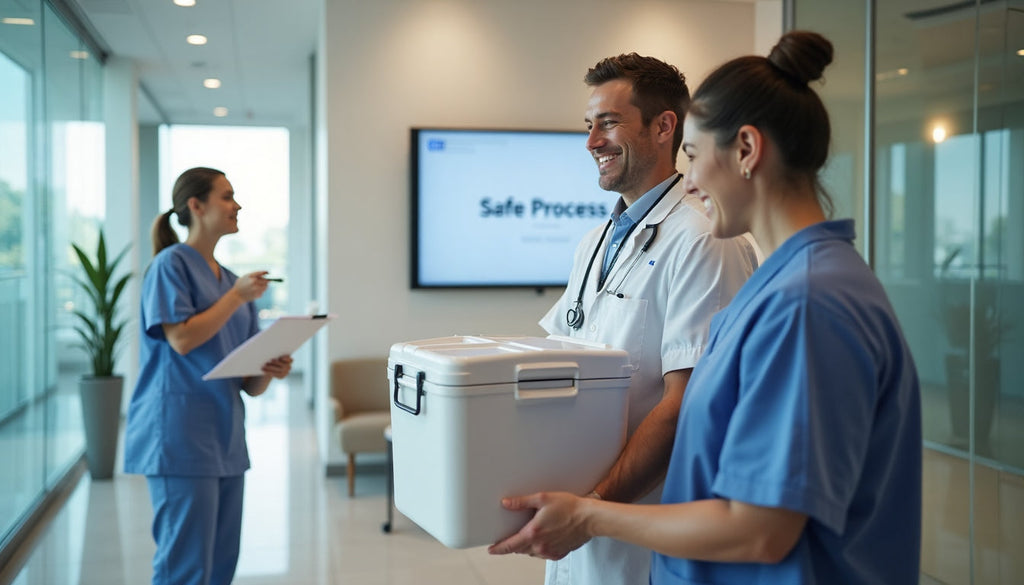 Lab technician receiving cooler from courier in bright clinic
