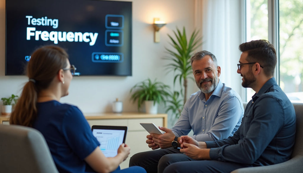 Couple discusses semen testing frequency with doctor at clinic