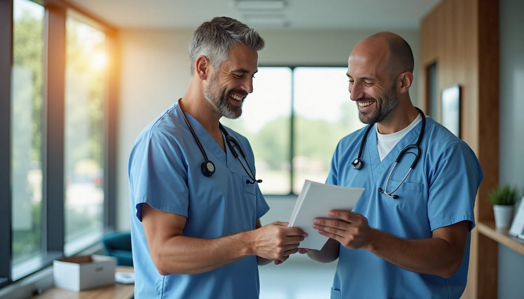 Clinic nurse giving patient semen testing education pamphlet