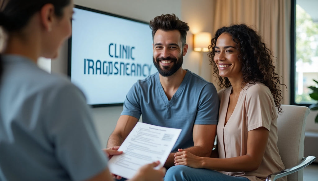 Couple receiving clinic success rate report in modern fertility clinic lobby