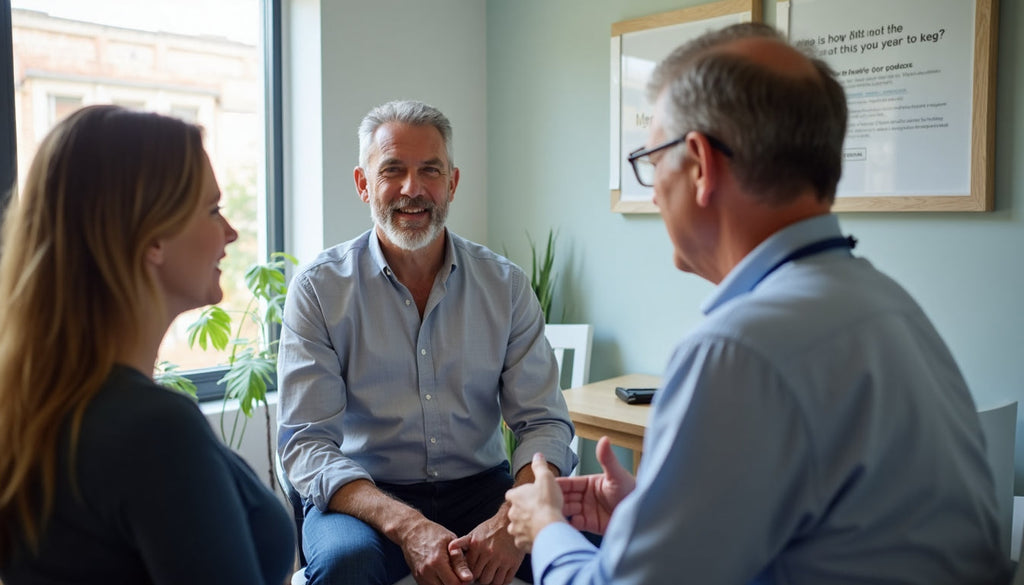 Couple and doctor discuss post-vasectomy fertility options in clinic