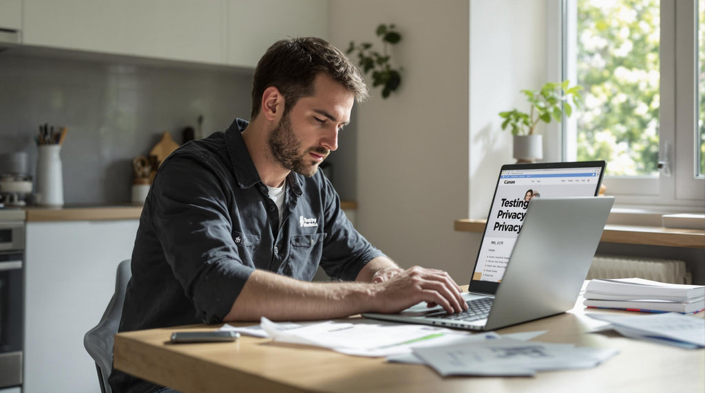 Man reviewing semen testing privacy information at home laptop