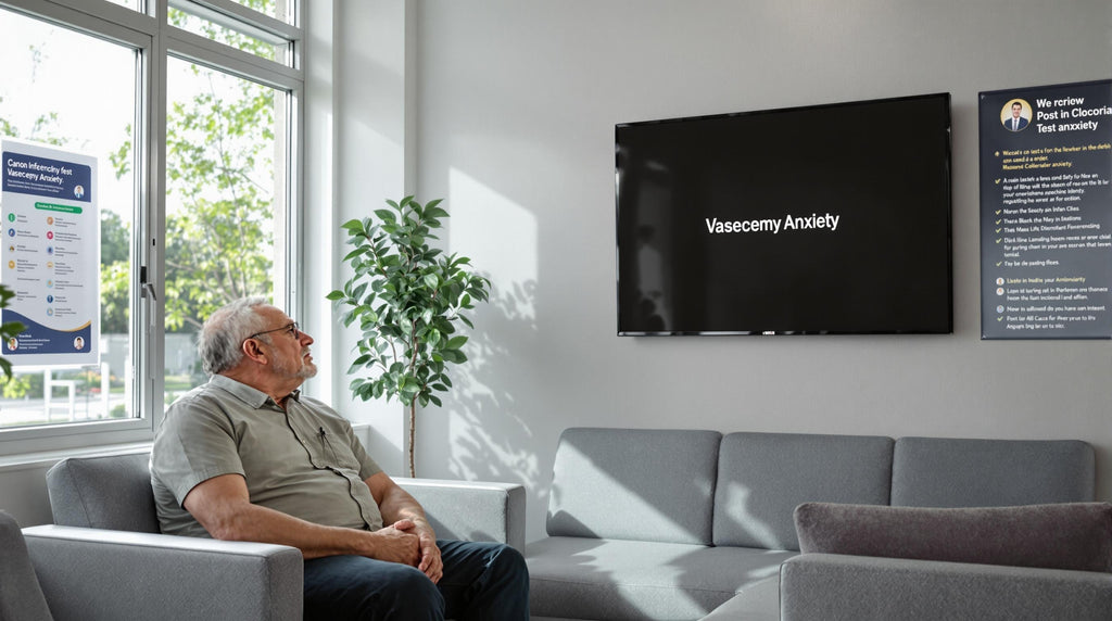 Man with partner in clinic waiting room, both looking pensive, with 'Vasectomy Anxiety' shown on display