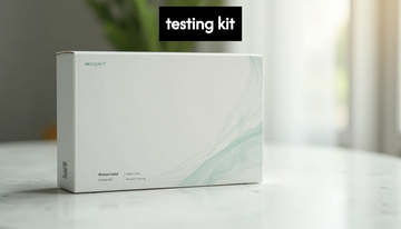 A home health testing kit box on a table.