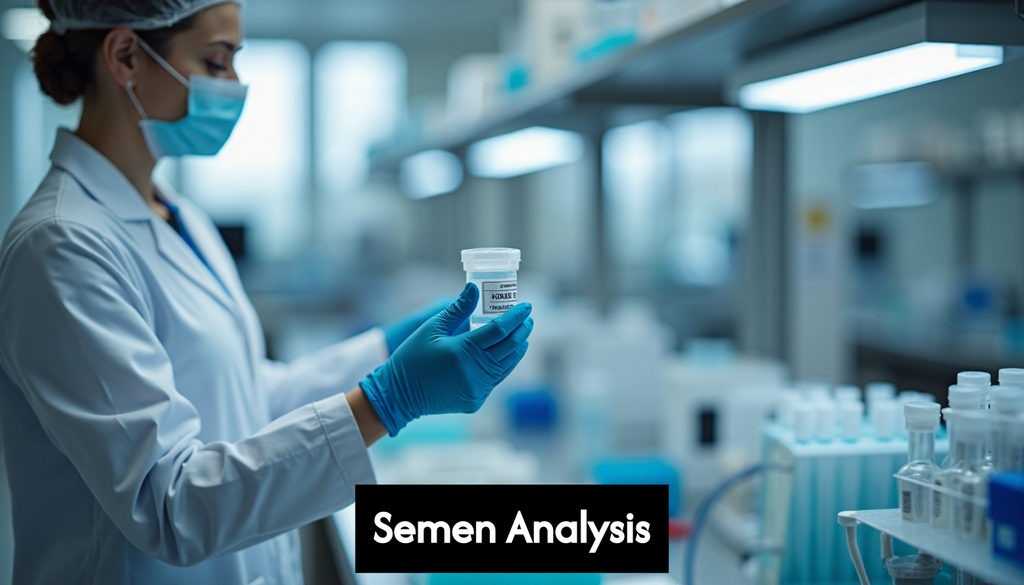 Healthcare worker holding semen sample in lab setting