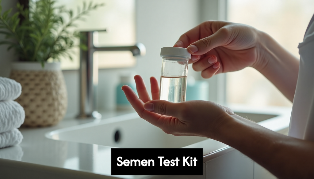 Man holding specimen cup in home bathroom